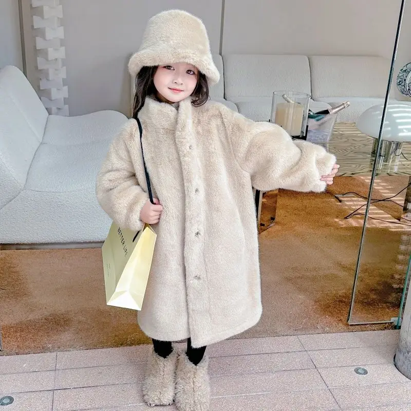 2-11Y Teen Pink Beige single-breasted Integrated Imitation Mink Fur Girls Faux Fur Coat Baby Girl Thick Medium To Long Fur Coat