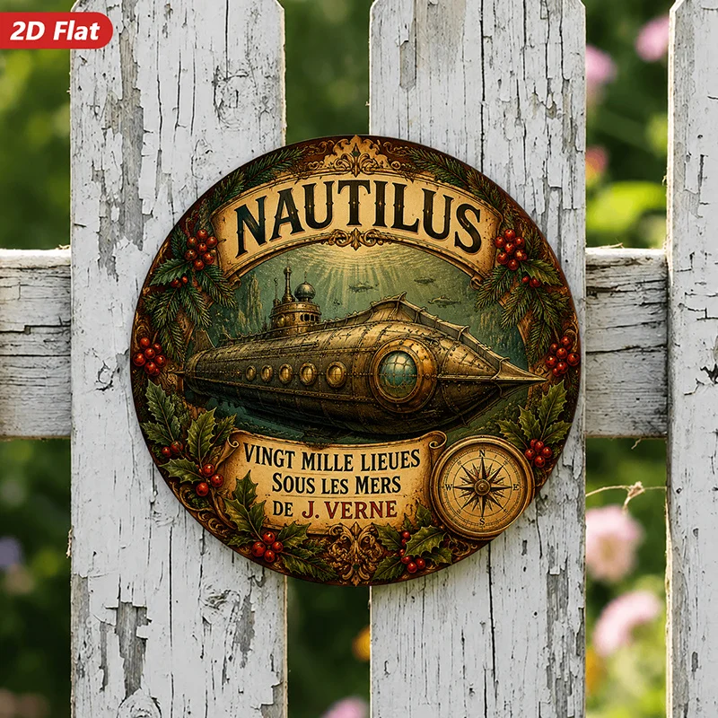 2D Flat, 1pc Nautilus Voyage Round Metal Sign Wall Art, Vintage Nautilus Submarine, Round Porthole Windows, Perfect for Workspac