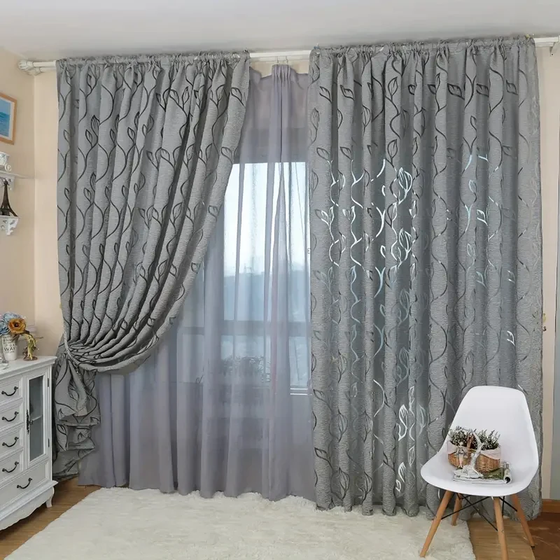 1 Panel Simple Gray Cut Flower Hollow Leaf Gauze Curtain Rod Pocket Curtain Living Room Office Home Decoration