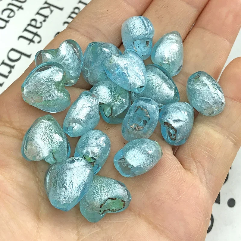 5pcs 15MM Inside Silver Color Foiled Heart Handmade Lampwork Glass Loose Beads For Making Diy Bracelet Love Earring Accessories