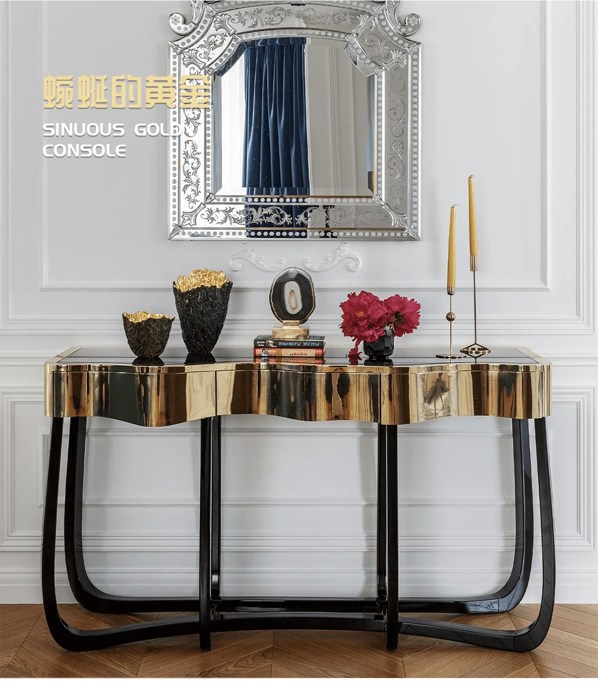 A  Light luxury stainless steel entrance table Creative tempered glass Living room Simple wall table Entry end view table