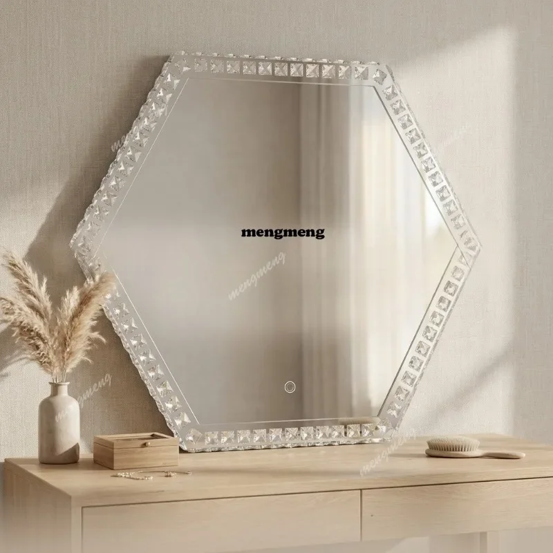 M138Customized crystal makeup mirror with lamp non-standard hexagonal makeup mirror