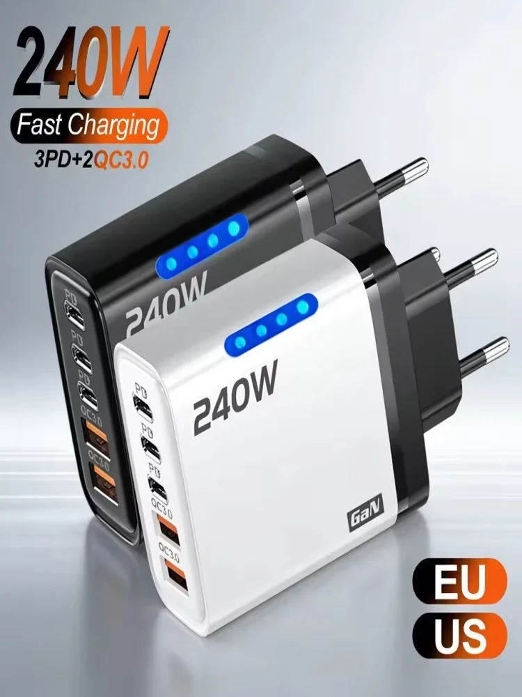 5-in-1 GaN Desktop-Ladegerät 240W Schnellladungsadapter 10A USB-auf-Typ-C-Kabel 3PD 2USB-Ladegerät für iPhone 17 16 Pro Laptop Samsung