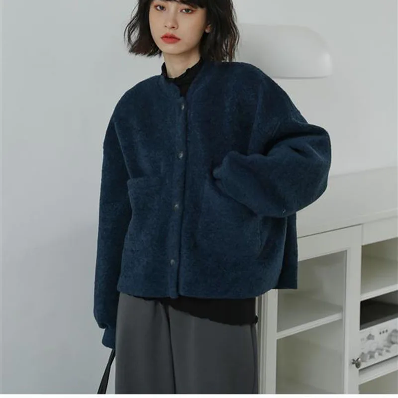 

Gidyq Korean Women Faux Woolen Coats Fashion Pocket Loose Cropped Sweater Casual Female Streetwear Blended Jacket Autumn New
