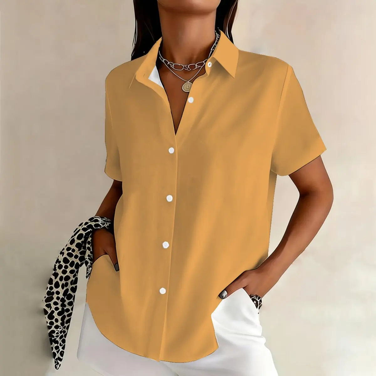 

Simple and personalized orange print summer women's plus size lapel short sleeved shirt, fashionable daily versatile top