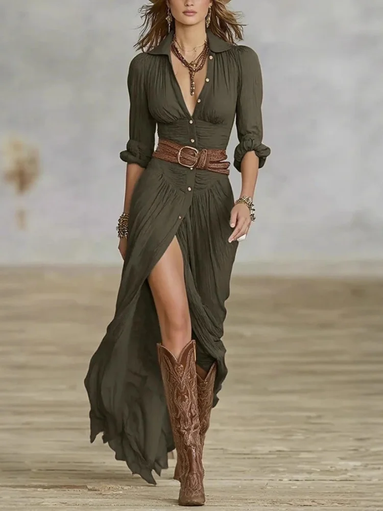 Woman Dresses 2025 French Retro V Neck Belted Slim Pleated Long Dress Autumn Single Breasted Long Sleeve Slit Bohemian Dress