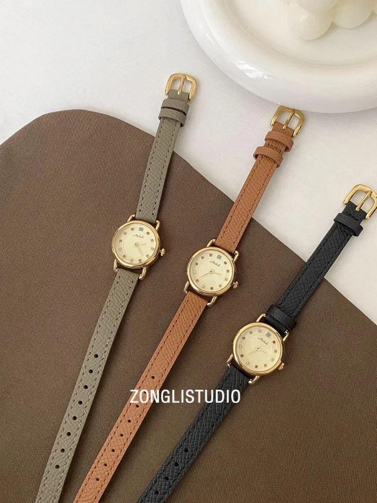 Coloured Diamond Handmade New Women\'s Watch Chain Genuine Leather Vintage Quartz Watch Fashion Small Gold Poedagar Watch