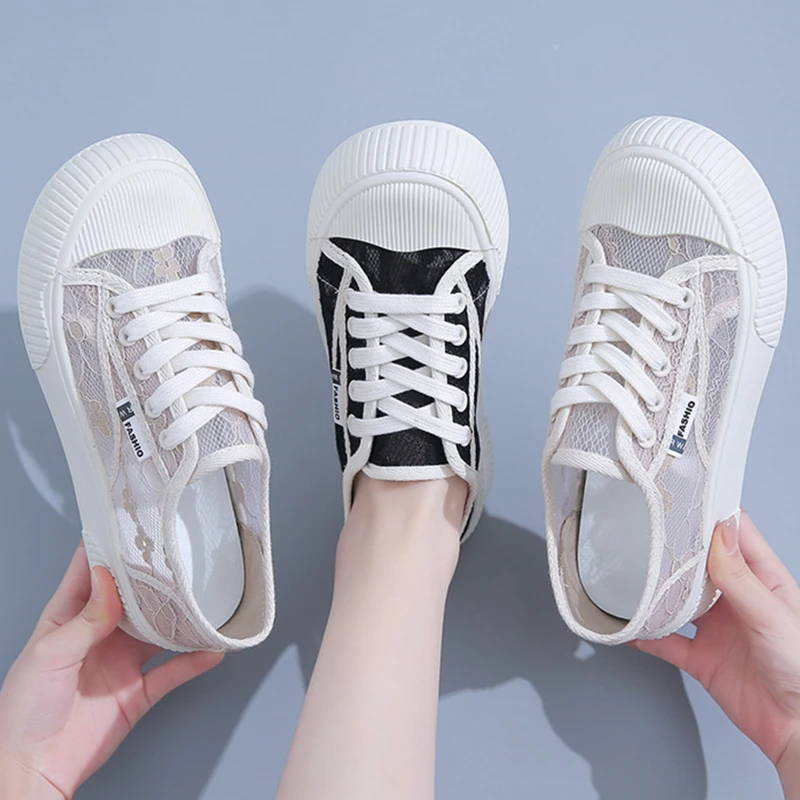 

New Shoes for Women Fashion Summer Casual Shoes Lace Hollow Breathable Ladies Platform Shoes Flats Woman Black Student Sneakers