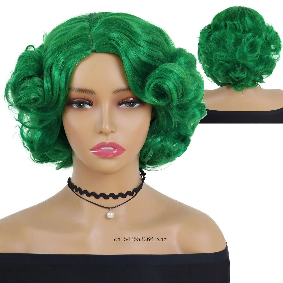 GNIMEGIL Synthetic Green Hair Wig with Bangs Natural Short Curly Wig for Women Cosplay Costume Halloween Party Heat Resistant