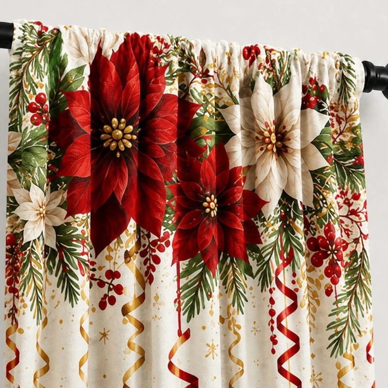Festliches Vorhang-Set mit 2 weihnachtlichen Fensterpaneelen aus Polyester mit Sichtschutz für Arbeits- und Heimbürodekorationen – Detail 1