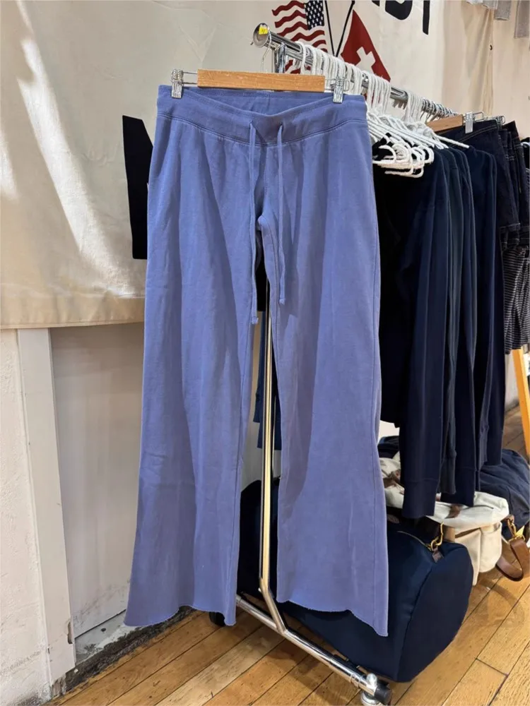 Navy Drawstring Sweatpants Woman Spring Raw Hem Straight Yoga Long Pants Female Vintage Streetwear Cotton Fleece Trousers Y2K