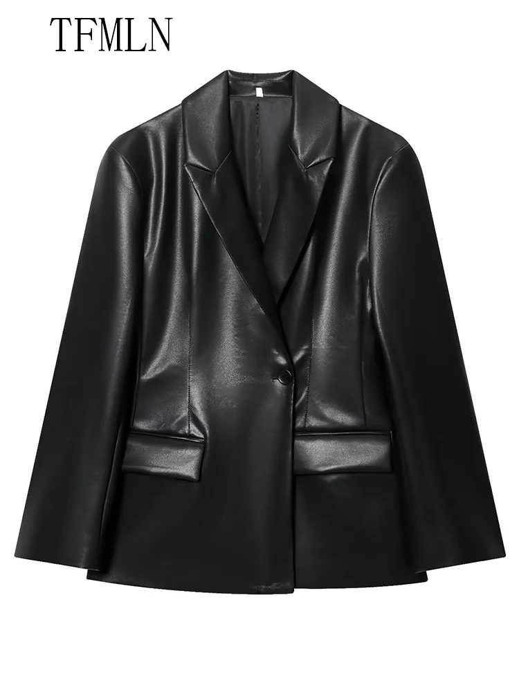 أزياء المرأة سليم فو سترات من الجلد 2025 الخريف الشتاء محززة زر واحد السببية شيك معاطف كم كامل جيوب أبلى #2