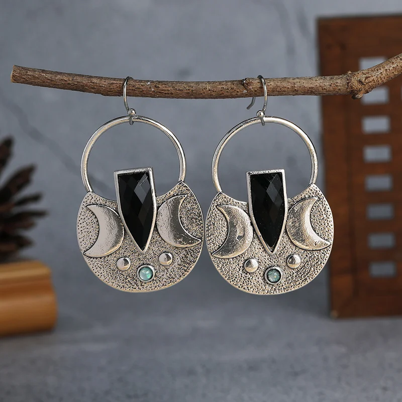 Vintage Black Stone Drop Earring Indian Jewelry Geometric Triangle Hollow Ear Jewelry For Women Girls