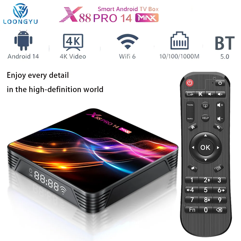 

Медиаплеер LOONGYU с поддержкой Android 14.0, RK3528, Wi-Fi 6 (2,4G/5G), 4K HD, Bluetooth 5.0, декодером H.265 для потоковой передачи контента.