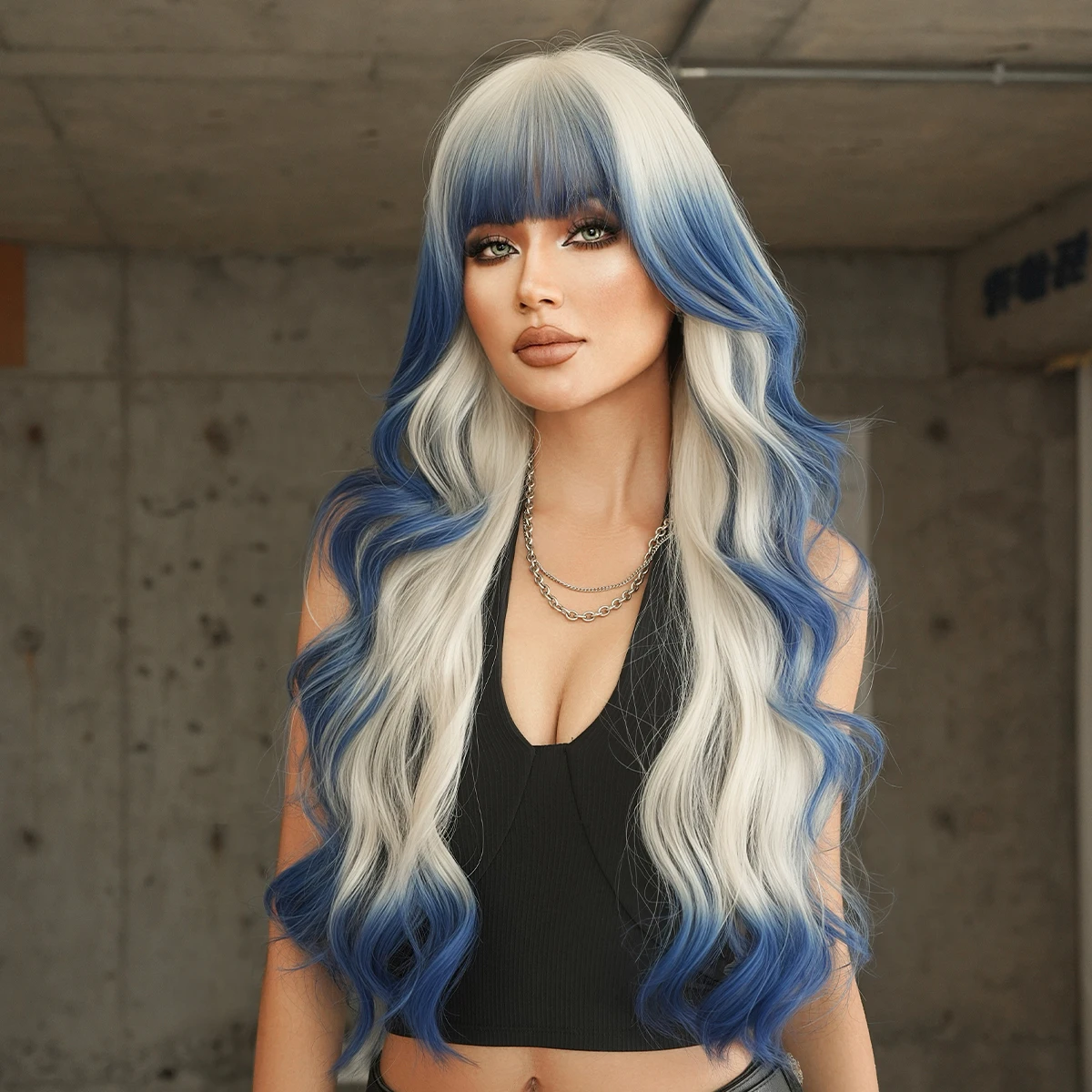7JHH WIGS Long Body Wave White Ombre Blue Wig for Women Synthetic Elegant Modest Fashion Wear and Go White Wigs with Neat Bangs