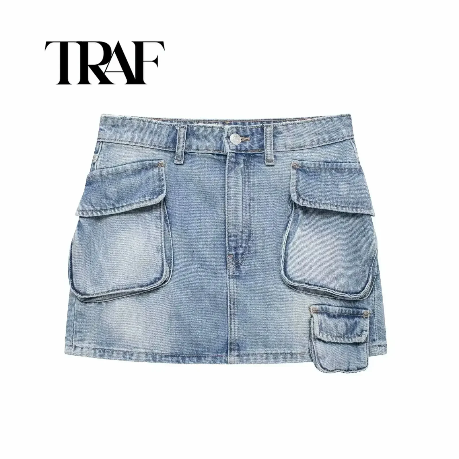 

TRAF Woman Cargo Denim Mini Skirt 2024 Summer Woman High Waist Jeans Skirts Basic Mini Skirt Women Holiday Skirts