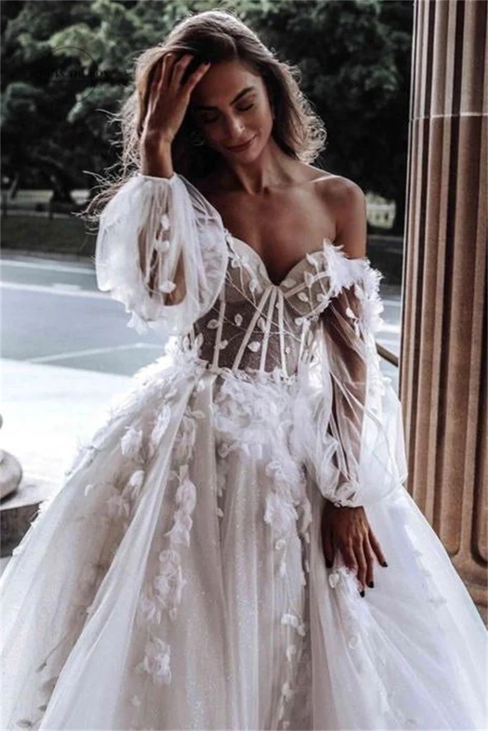 Off The Shoulder Rustic Long Sleeves Wedding Dresses For Women Sweetheart Neck 3D Flowers A Line Floor Length Beach Bridal Gowns