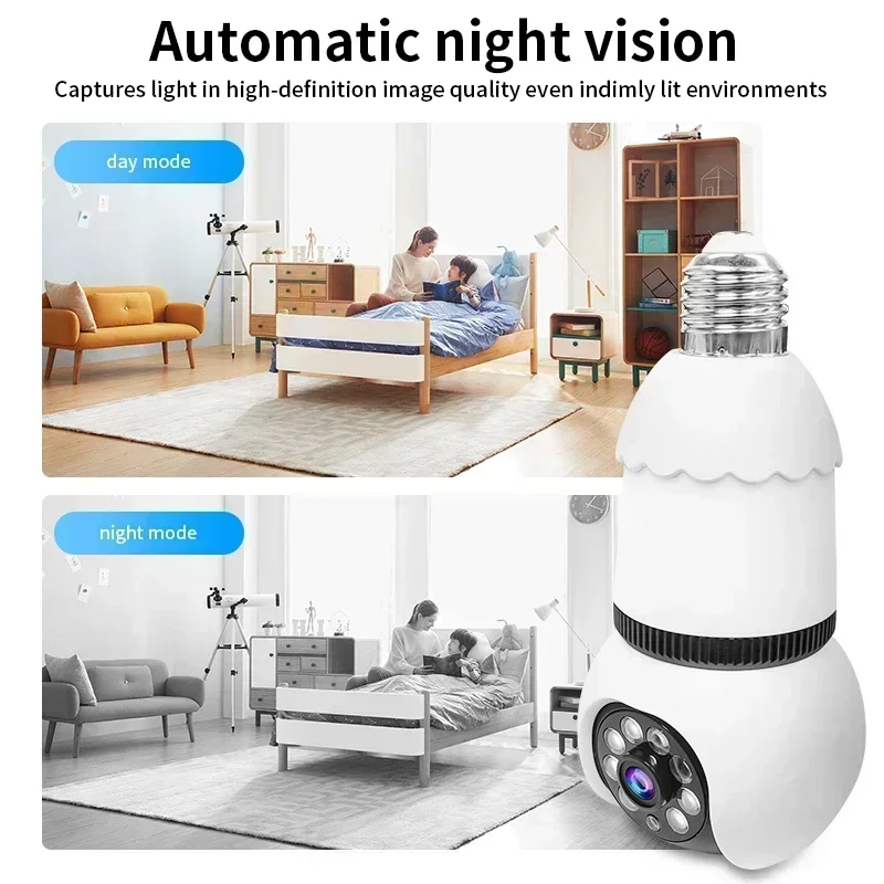 8MP E27 LED Bulb Camera WiFi Surveillance Camera Automatic AI Tracking Indoor Video 8X Zoom Color Night Vision Wireless Cam CCTV
