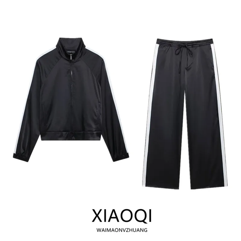 

Шелковая атласная текстура, полосатая женская верхняя одежда с боковым декором, длинные брюки, осень-зима, Новое поступление, повседневный комплект спортивной одежды