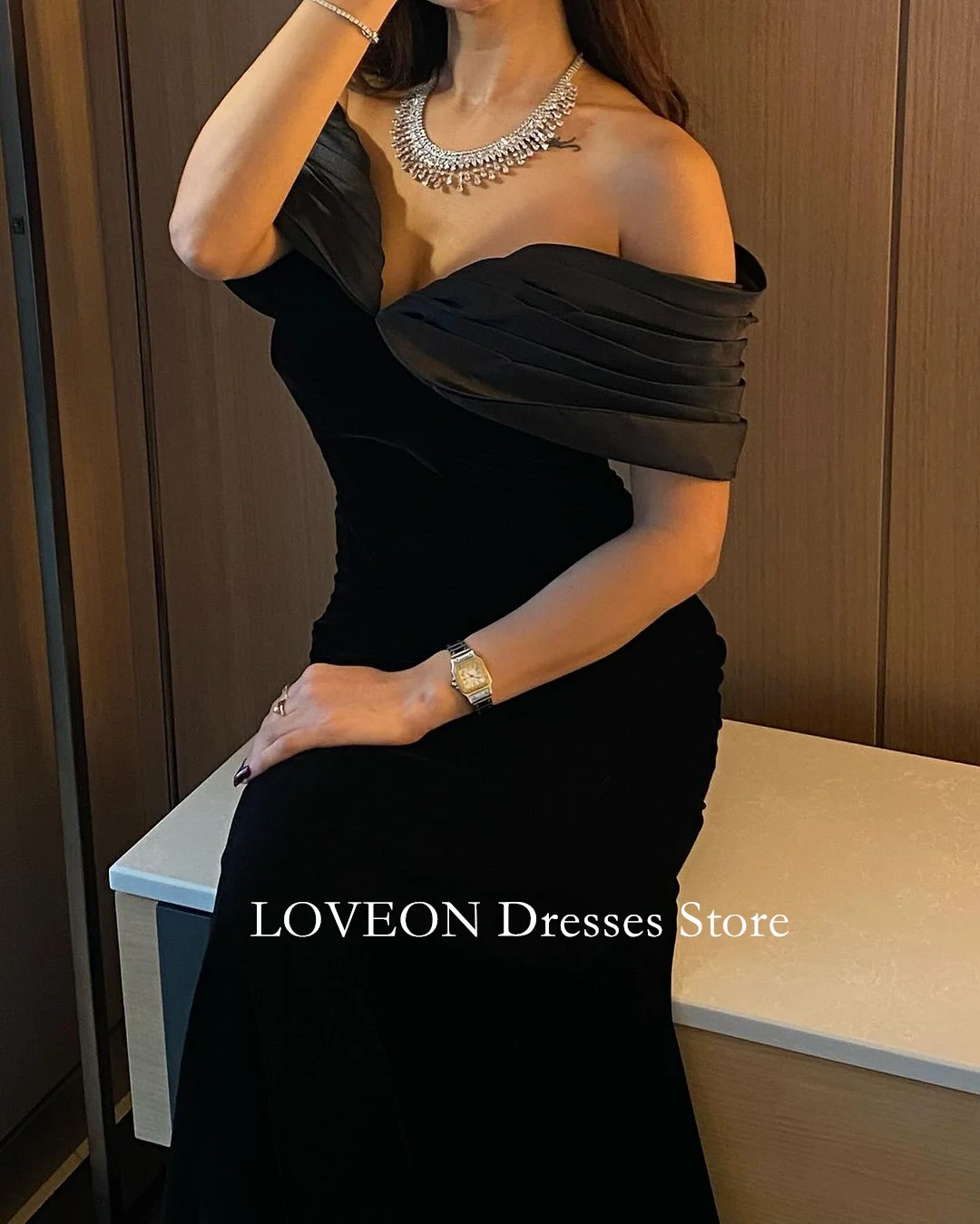 GIOIO Black Evening Dresses Short Sleeves Mermaid Formal Customized  Ruched Satin Vintage Elegant Prom Gowns Party Women