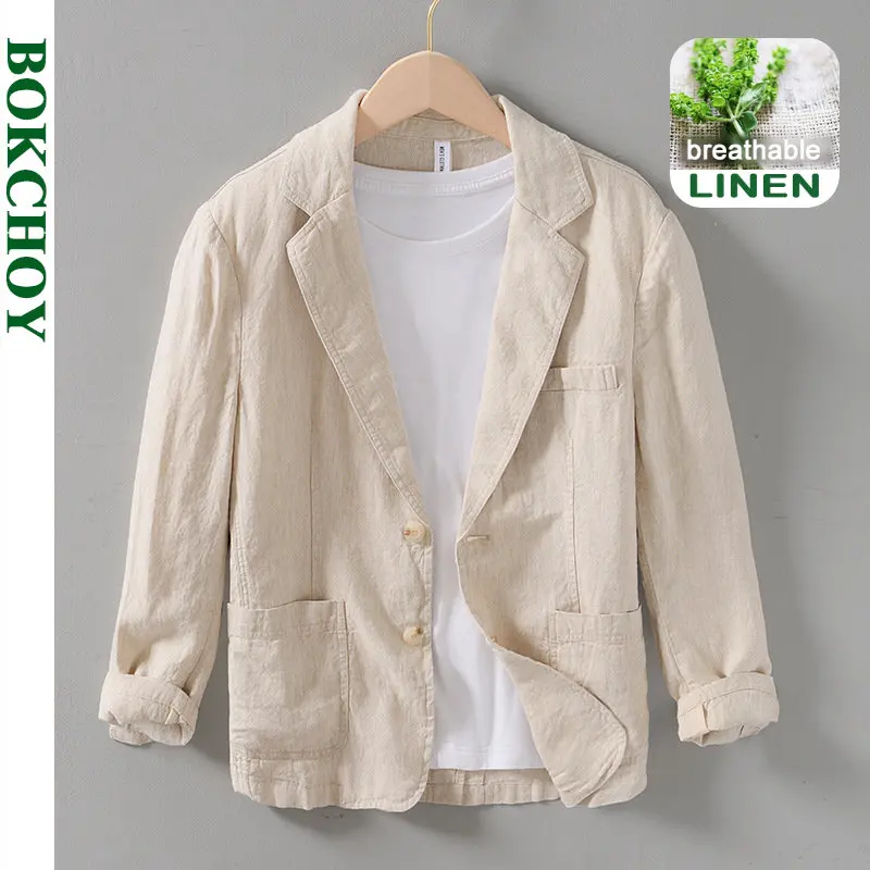 

Spring New Vintage Linen Safari Suits for Men Clothing Three Quarter Solid Color Blazers Men Jackets BL960