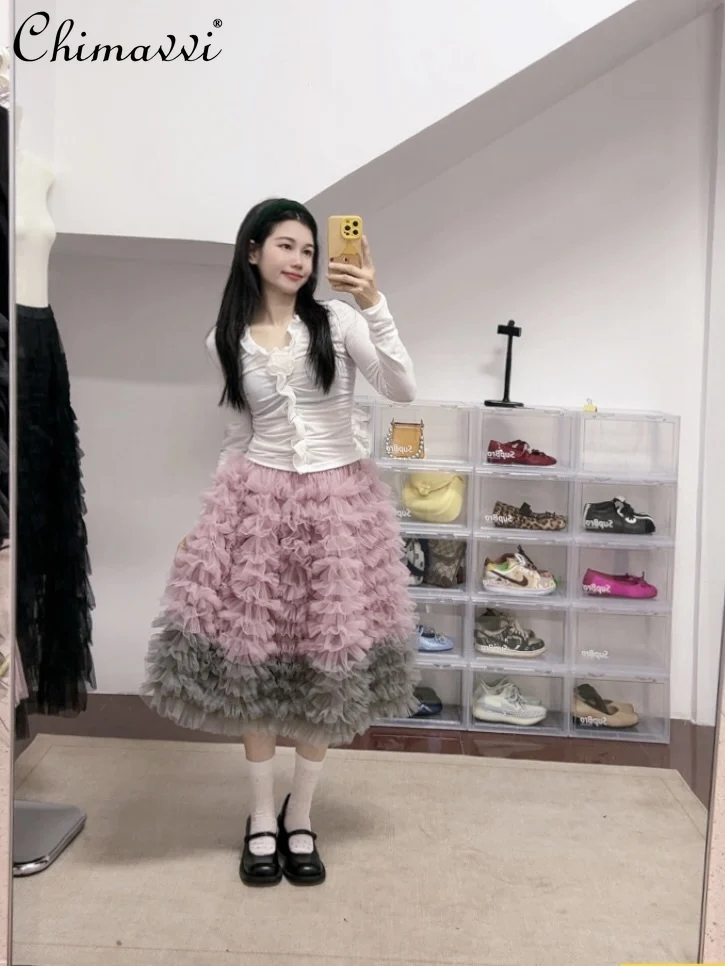 Moda pesada artesanato dois tons elegante temperamento a linha inchado midi saia 2025 outono nova fada princesa saias longas femininas