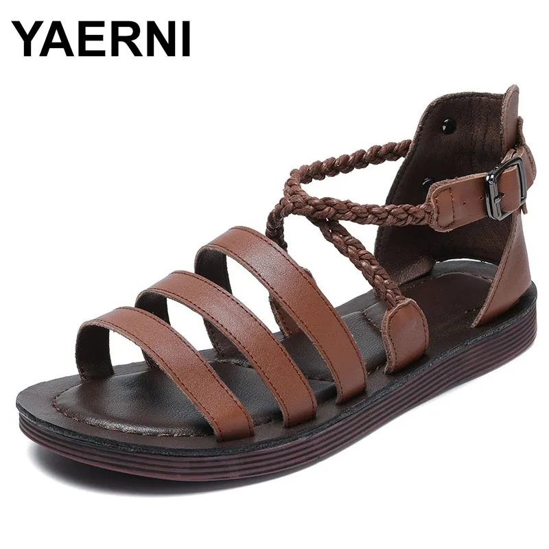 

Summer New Ethnic Style Art Retro Genuine Leather Handmade Flat Bottom Soft soled Women's Shoes Sandals