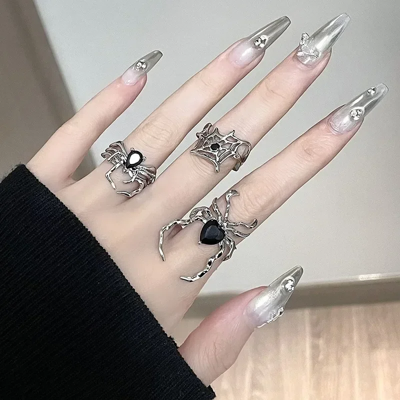 3 Styles Electroplating Black Heart Spider Web Opening Finger Rings Irregular Y2K Vintage Rings Punk Gothic Jewelry Party Gifts