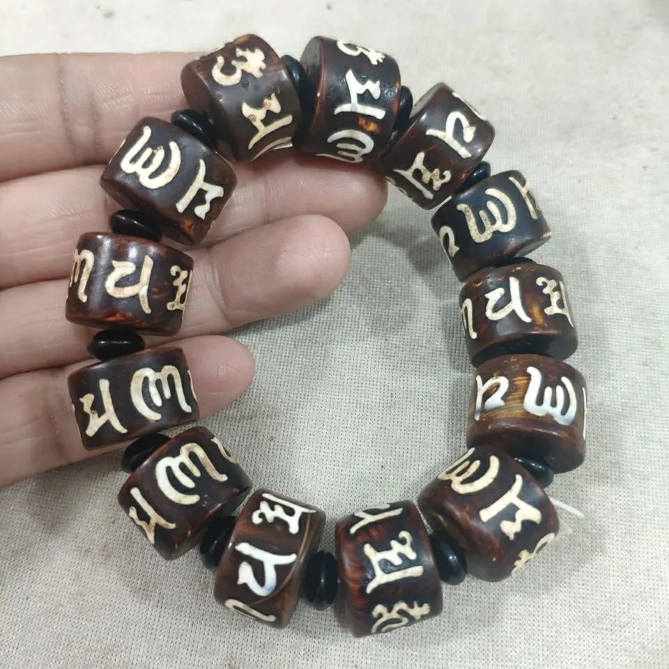 Tibetan Six Syllable Mantra Old Dzi Bead Bracelet Agate Chalcedony Unisex