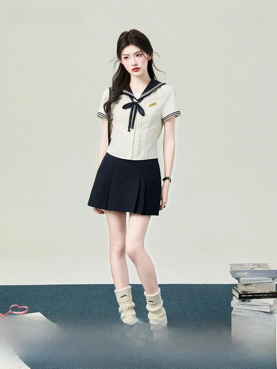 

Korean Style Uniform Shirt Sweet College Fashion Student Graduation Season Set Summer Breathable Short Sleeve Navy Collar