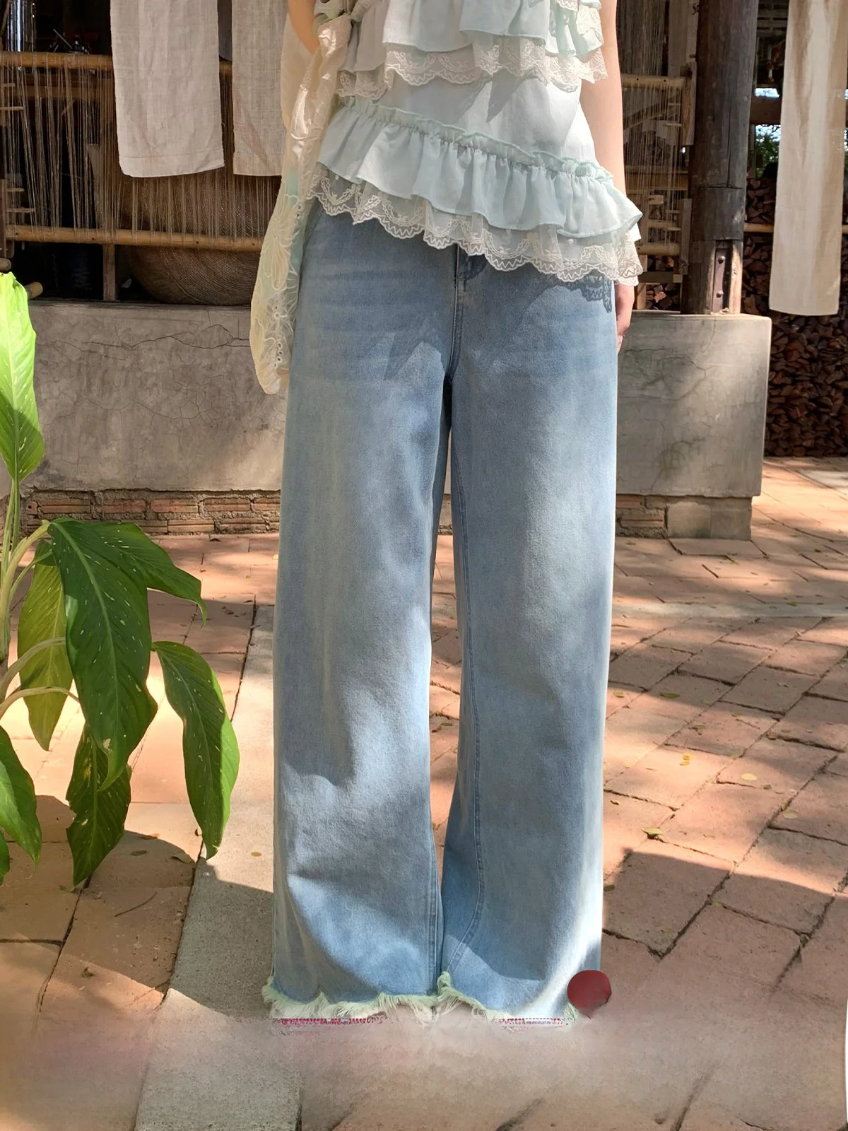 

MUCHA Wooden Tea Women's Loose Casual Straight Leg Wide Leg Jeans Thin Tassel Waed Blue Jeans Spring Summer Thin