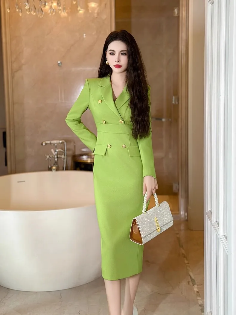 

Элегантное корейское платье-костюм для женщин: приталенное, с длинным рукавом, миди, винтажный дизайн с акцентом на талии, двойная застежка на пуговицах, модное