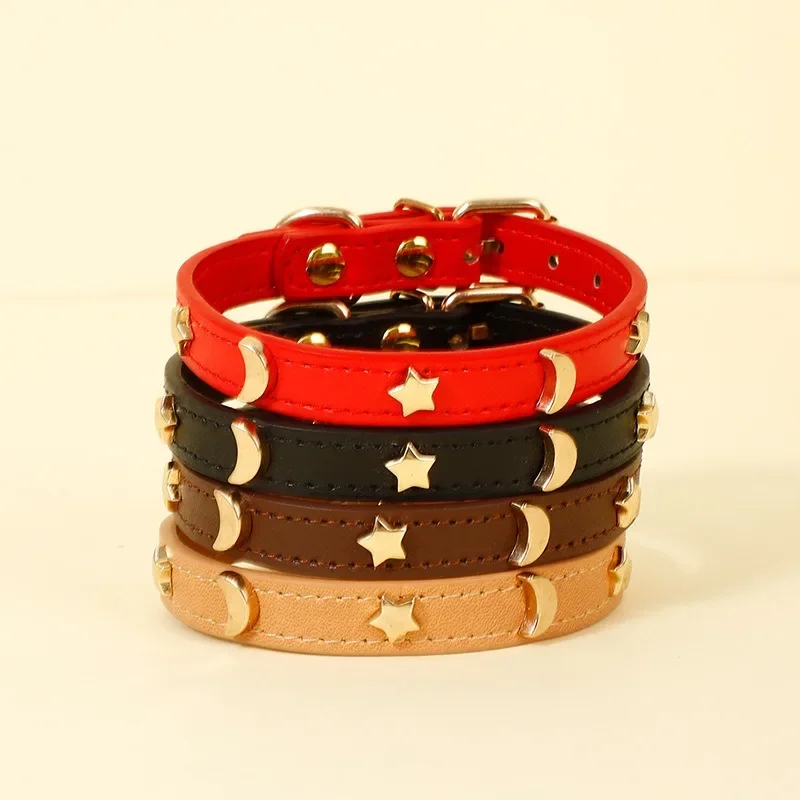 Cute Cat Collar Soft Leather Pet Collars For Small Dog Kitten Puppy Necklace Cat Accessories  Star Moon Rivets Decoration XS-M