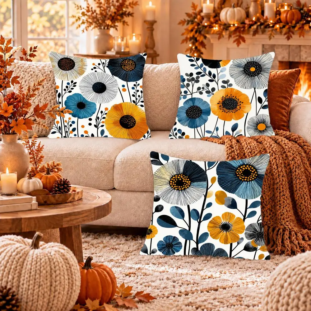 Navy Ochre Linework Florals Cushion Cover Soft Short Plush Pillow Cover Smooth Cozy Texture Cushion Case Home Decor