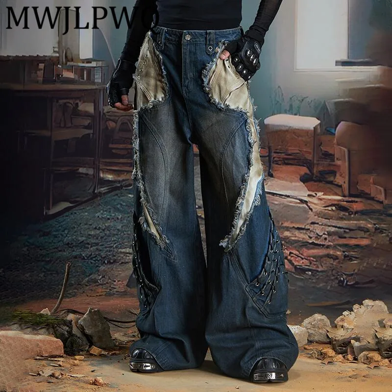 

MWJLPWQ Men's Patchwork Frayed Tassel Niched Jeans High Street Heavy-Duty Deconstructed Loose Washed Vintage Long Pants 11924