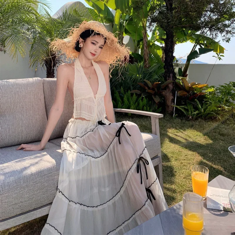 

Summer Elegant Two Piece Set Women White Off Shoulder Backless Crop Halter Tops + High Waist Lace-up Pleated Long Skirt Trendy