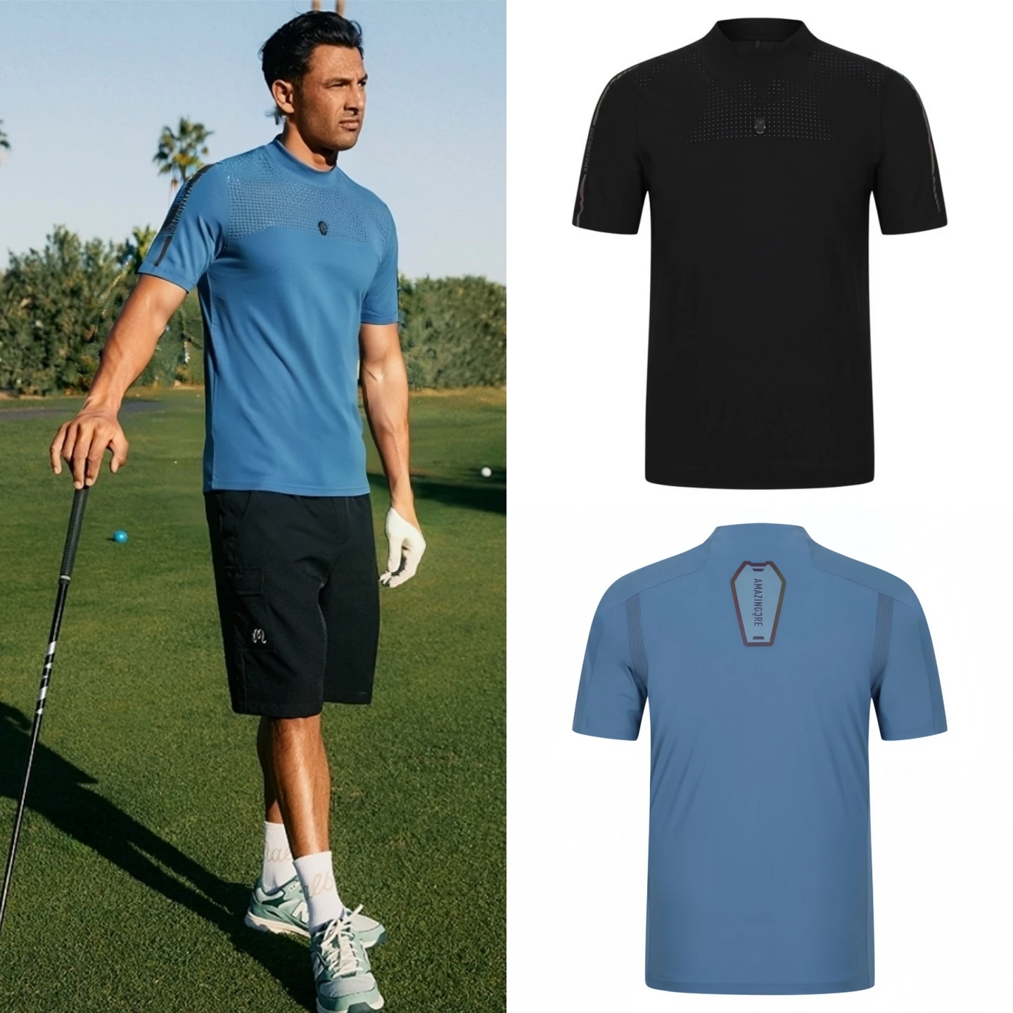 

Golf Shirt Men's 25 Summer Stand Up Collar Mesh Breathable Sports Golf Clothing Man Elastic Short Sleeved T-shirt
