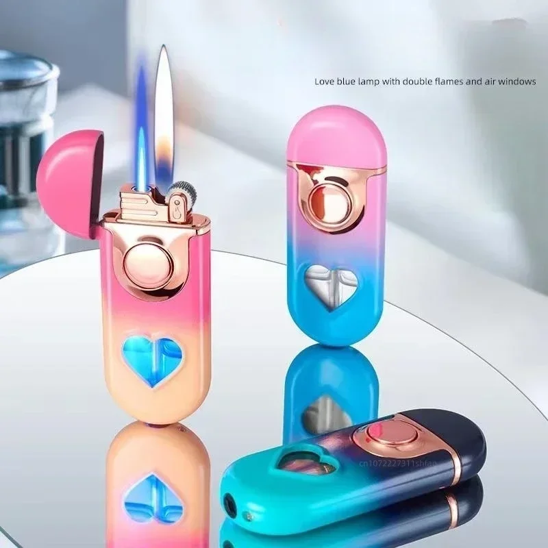 Metal Love Double Flame Butane Gas Lighter Creative LED Blue Light Transparent Gas Window Grinding Wheel Ignition Cigar Lighters