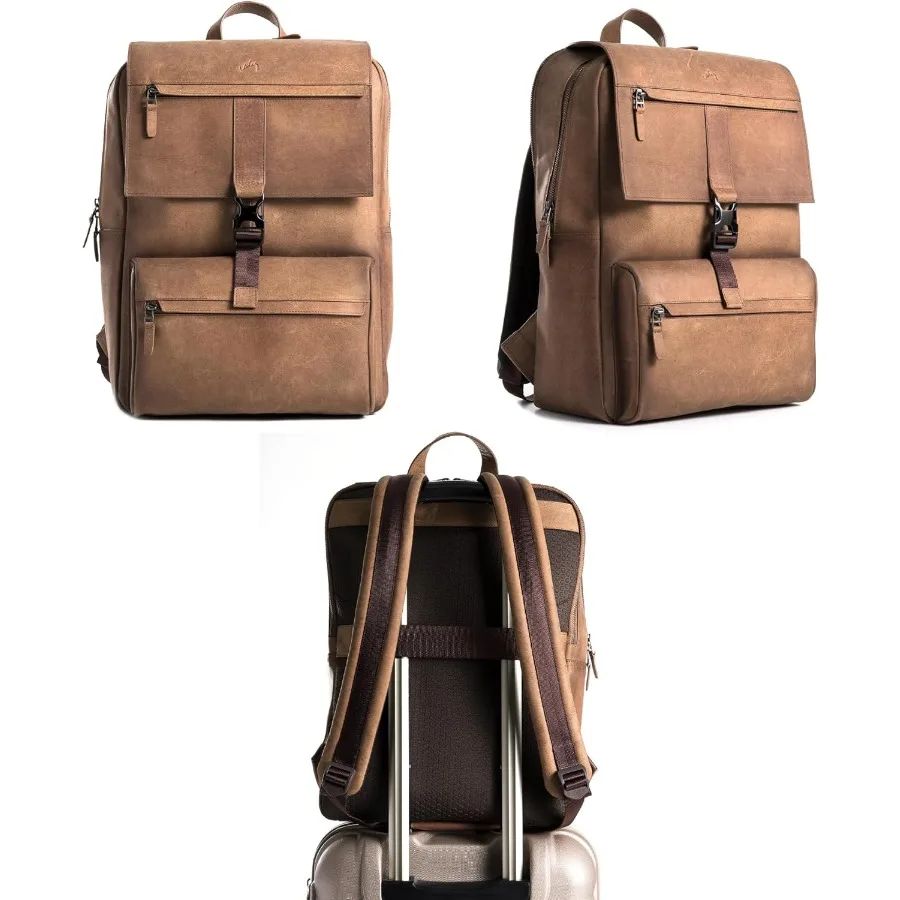 Mochila de couro para homens e mulheres clássico marrom - mochila vintage de couro de grão superior artesanal com capa para laptop de 17 polegadas -