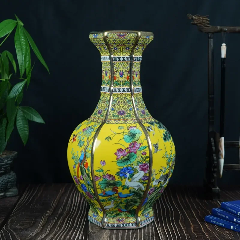 for Antique Enamel Color Flower and Bird Hexagonal Bottle Jingdezhen Chinese Ceramic Home Living Room Decorative Vase