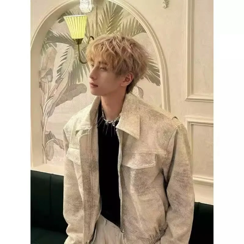 

American Retro Tie Dye ort PU Leather Jaet Men's Spring Autumn Double Zipper oulder Pads Clean Fit Motorcycle Jaet