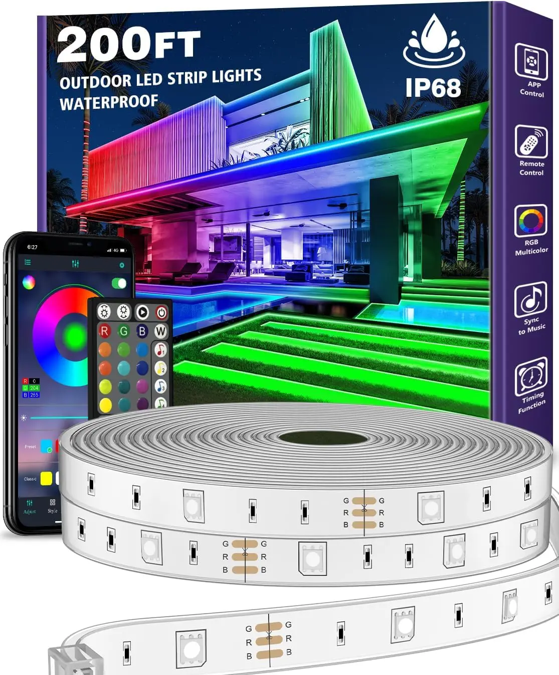 

200ft Outdoor LED Strip Lights Waterproof,IP68 Outside Led Light Strips Waterproof with Bluetooth App Remote Control,Music Sync