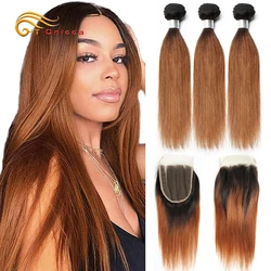 70g/pc Blonde Bundles With Closure 1B 30 Brazilian Straight Hair Bundles With Closure Ombre Human Hair 3 Bundle With Closure