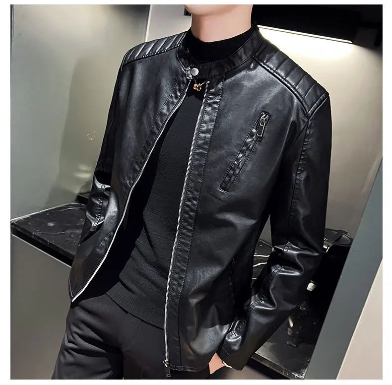 Autumn Winter Man Leather Jacket Thin Simple Solid Stand Collar Men Coat Motorcycle Punk Long Sleeve Zipper Outerwear For Male