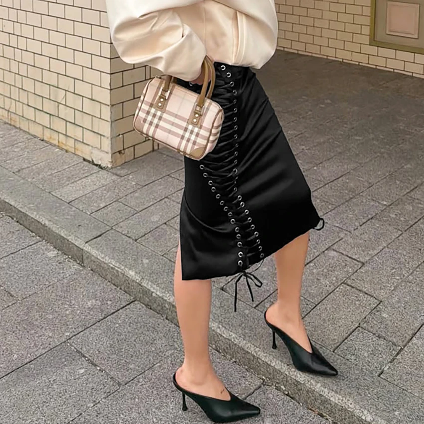 Linad Street Chic Black Satin Drawstring Skirts Woman 2026 Vintage Slim High Waist Straight Skirts Casual Lace Up Skirt Female