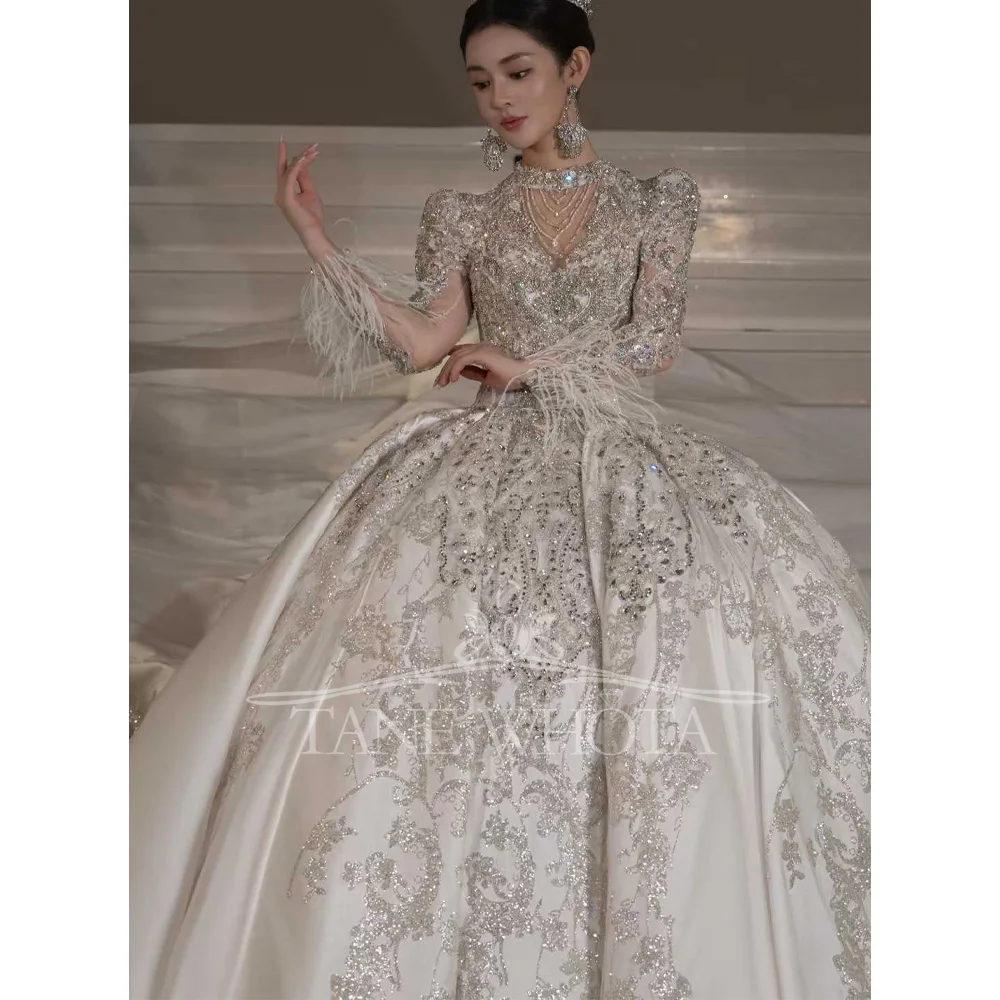 럭셔리 O넥 긴팔 비즈 장식 스팽글 볼 가운 웨딩 드레스 맞춤 제작 베스티도 노이바 카사멘토