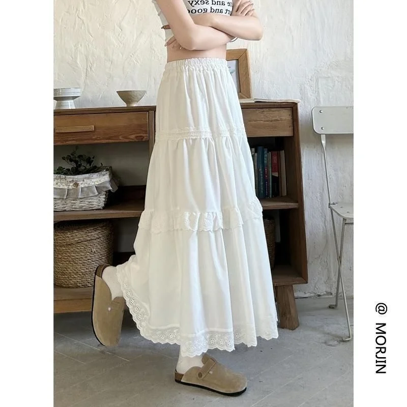 

Женская белая юбка с высокой талией, весенне-летняя, милая, стройнящая, длинная, многоярусная, высокого качества, элегантная, для повседневной носки, с цветочным узором