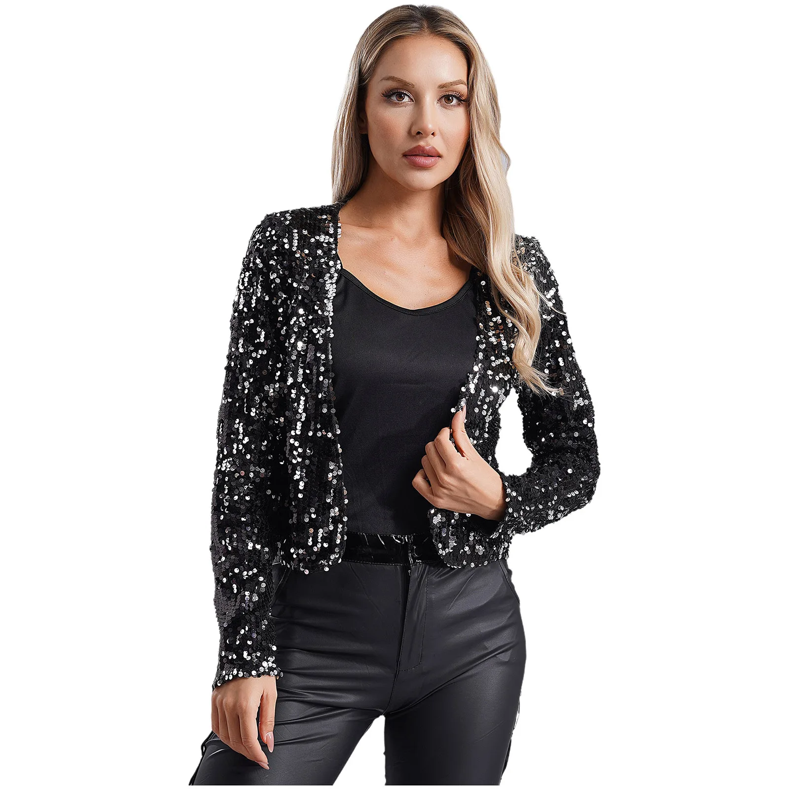 Feminino brilhante lantejoulas encolher colheita jaqueta bolero frente aberta manga longa cardigan para discoteca clube cocktail festa noite envoltório