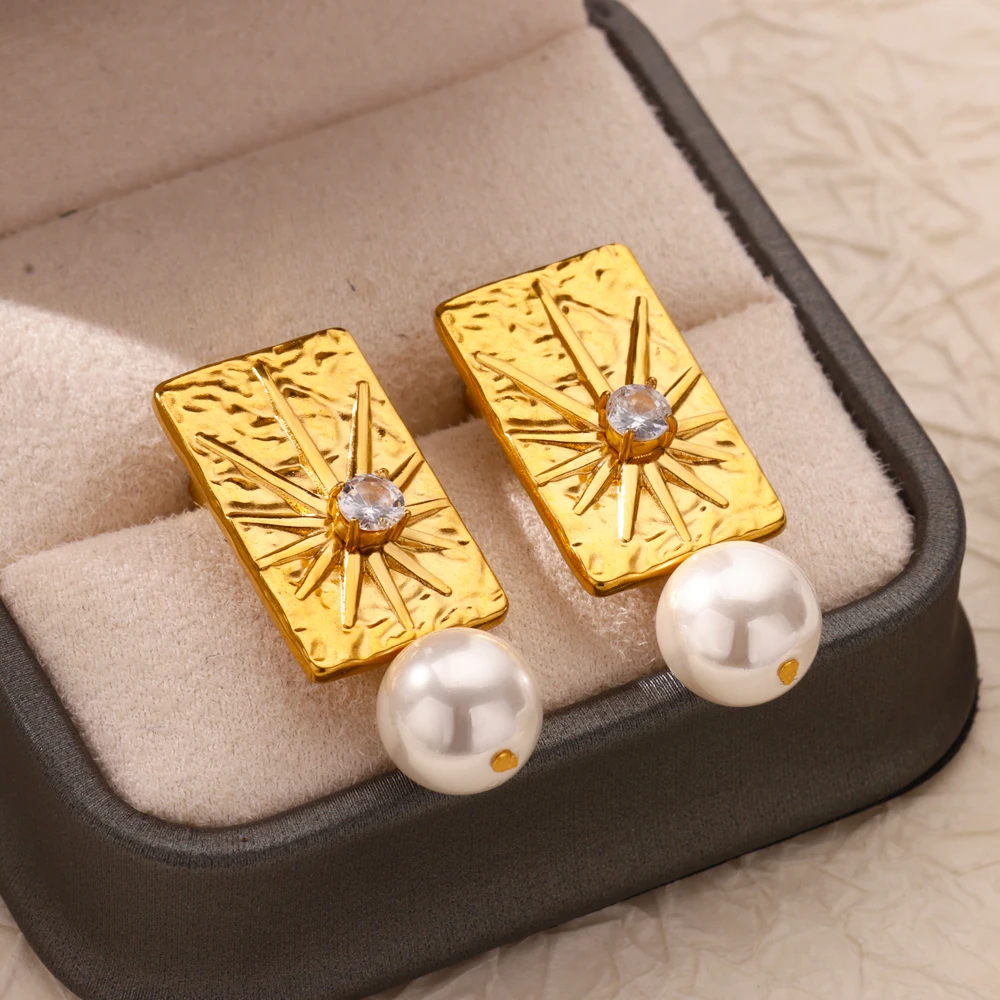 

Zircon Imitation Pearl Square Star Earrings For Women Stainless Steel Geometric Stars Earring Wedding Christmas Jewelry Gift