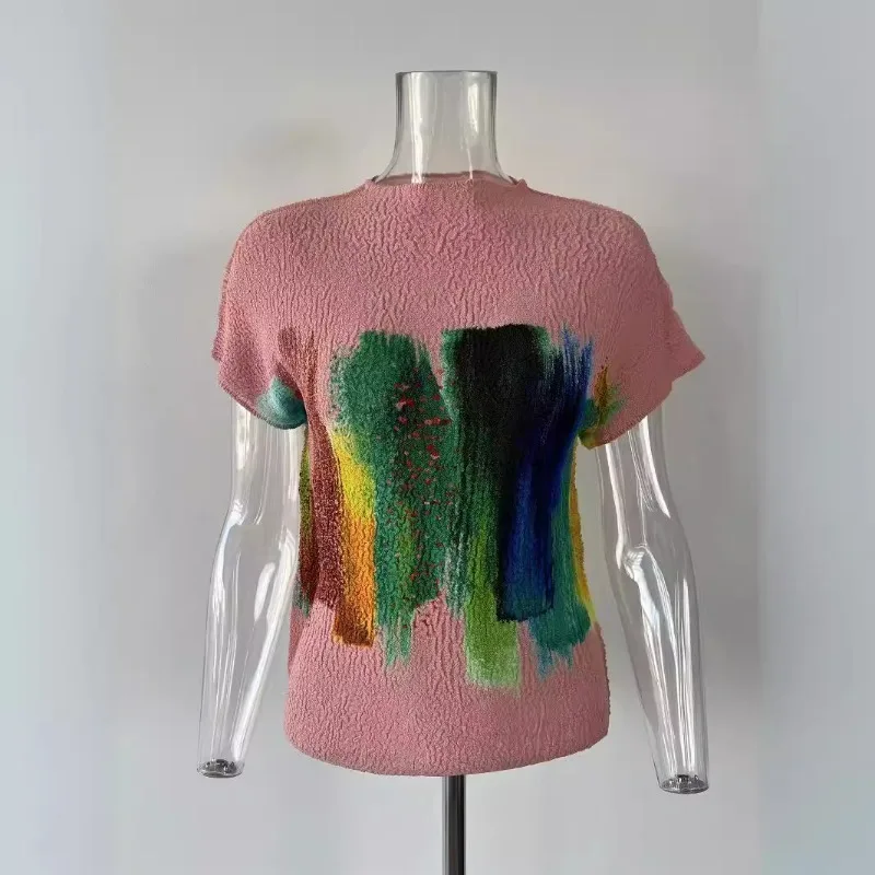 Miyake Pleated T-shirt with High Elasticity Rainbow Print Round Neck Short Sleeved Top, Summer Women's Shirt